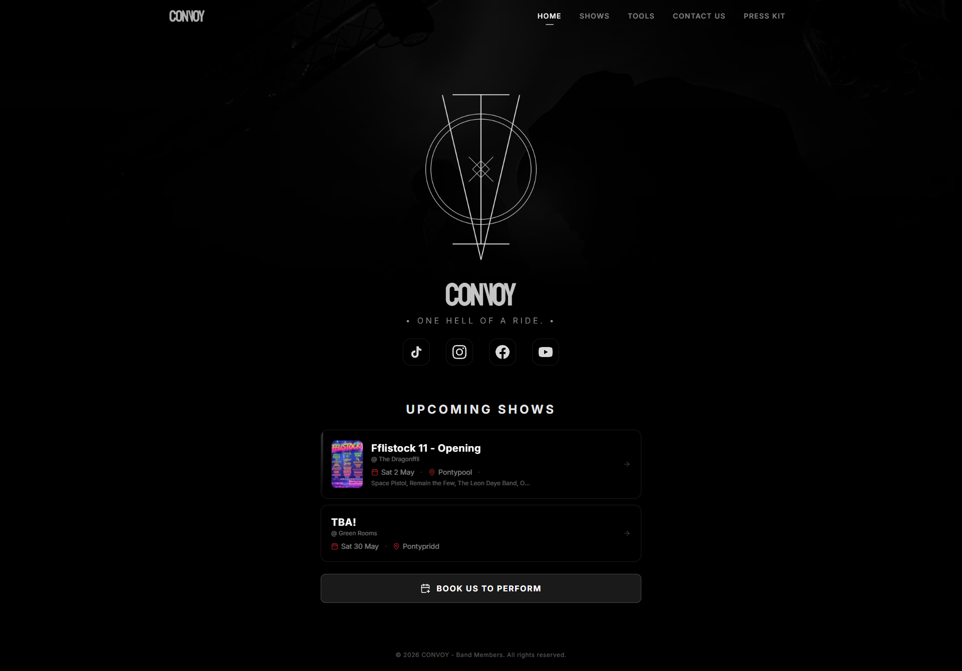 Convoy band homepage with glassmorphism design